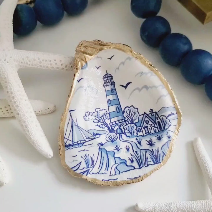 Blue and White Lighthouse Oyster Shell Ring Dish, Nautical Engagement Gift, New England Coastal Decor, Bridesmaid favors, East Coast Decor